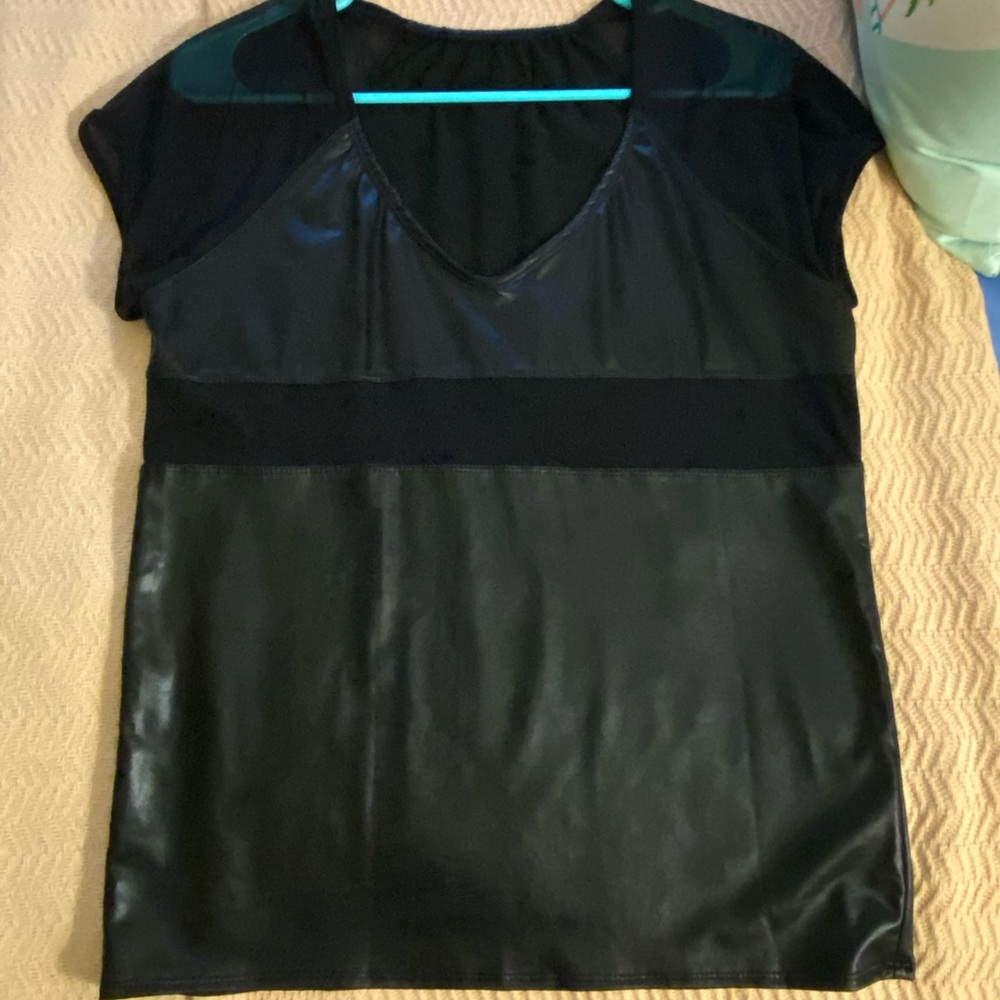 Faux Leather & Mesh V Neck